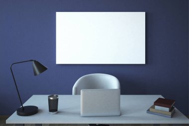 Görünüm ön ve dizüstü bilgisayar, sarf malzemeleri ve duvar boş afiş ile çalışma alanı'nın yakın çekim. Alay etmek yukarıya, 3d render 