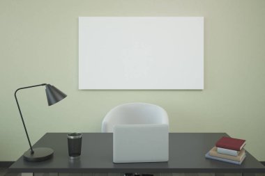 Görünüm ön ve dizüstü bilgisayar, sarf malzemeleri ve duvar üzerinde boş billboard ile çalışma alanı'nın yakın çekim. Alay etmek yukarıya, 3d render 