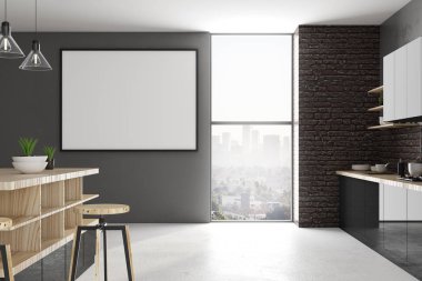 Modern çatı katı mutfak iç duvar, mobilya ve şehir görünümü gün ışığı alan boş afiş ile. Alay etmek yukarıya, 3d render 
