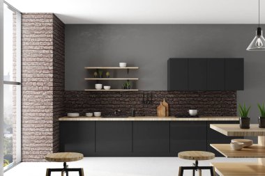 Yeni hafif çatı katı mutfak iç mobilya, ev aletleri ve gün ışığı. Tasarım ve stil kavramı. 3D render 