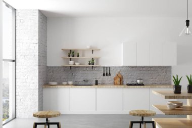 Temiz hafif çatı katı mutfak iç mobilya, ev aletleri ve gün ışığı. Tasarım ve stil kavramı. 3D render 