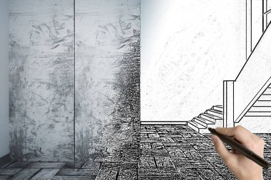 Kopya alanı ile el çizim yaratıcı sergi salonu kroki. Tasarım ve mühendislik kavramı. 3D render 