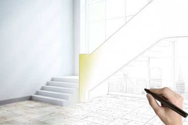 Kopya alanı ile el çizim çağdaş sergi salonu kroki. Tasarım ve mühendislik kavramı. 3D render 