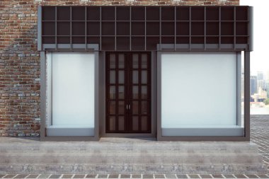 Boş posteri ile modern cam Mağazası. Perakende ve ticaret kavramı. Alay etmek yukarıya, 3d render 