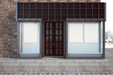 Boş posteri ile modern cam Mağazası. Perakende ve ticaret kavramı. Alay etmek yukarıya, 3d render 