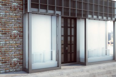 Çağdaş cam shopfront boş posteri ile. Perakende ve ticaret kavramı. Alay etmek yukarıya, 3d render 
