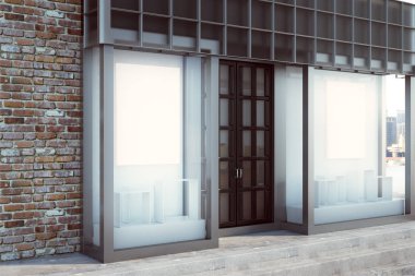 Çağdaş cam shopfront boş afiş. Perakende ve ticaret kavramı. Alay etmek yukarıya, 3d render 