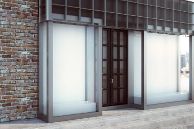 Modern cam Mağazası ile boş bayrak. Perakende ve ticaret kavramı. Alay etmek yukarıya, 3d render 