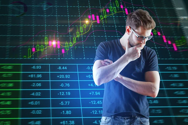 Investment, broker and trade concept. Businessman standing on abstract background with forex chart
