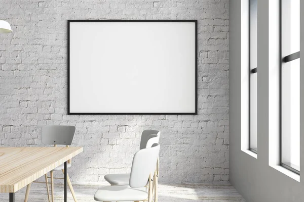 现代会议室内部用空的框架海报在白色砖墙和日光 演示的概念 — 图库照片