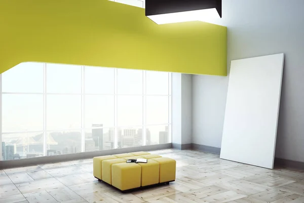 Modern Yellow Exhibition Hall Panoramic City View Empty Poster Leaning — Stock Photo, Image