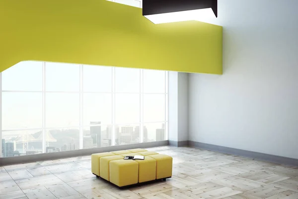 Modern yellow exhibition hall with panoramic city view and copy space. Gallery and museum concept. Mock up, 3D Rendering