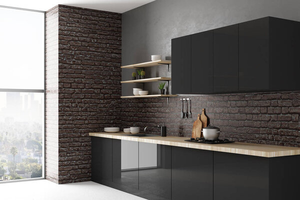 Интерьер кухни с мебелью, бытовой техникой и дневным освещением. Дизайн и стиль концепции. 3D рендеринг
 