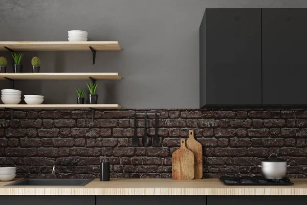 Закрыть Современный Черный Кухонный Прилавок Стене Стиль Концепция Дизайна Рендеринг — стоковое фото