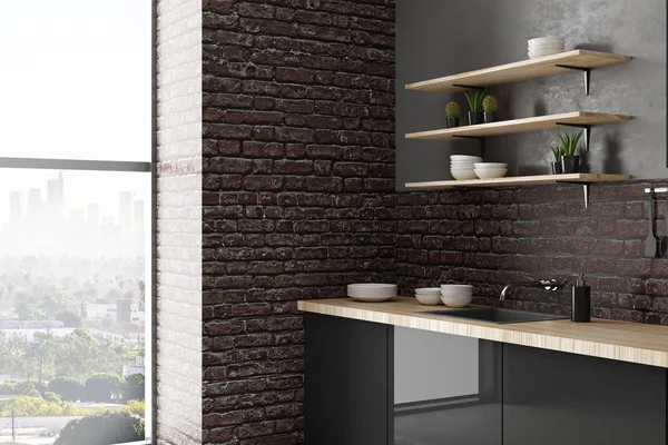 Side view of modern brick kitchen interior. 3D Rendering