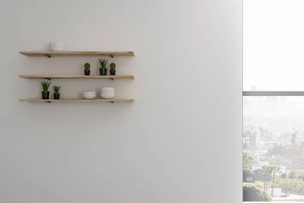 Shelves Kitchen Objects Concrete Wall Window City View Style Concept — Stock Photo, Image