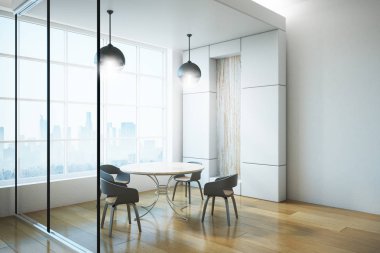 Modern mutfak yemek odası panoramik kent manzaralı ve gün ışığı. 3D render 