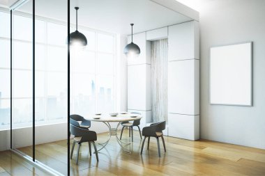 Modern mutfak yemek odası panoramik şehir manzaralı, gün ışığı ve boş poster duvara. 3D render 