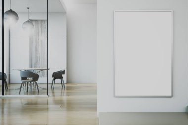 Modern mutfak yemek odası yaz ve boş Pano Duvar ile. 3D render 