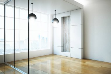 Şehir Manzaralı, lambalar ve ahşap zemin ile modern lüksü mobilyasız iç. 3D render 