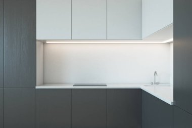 Modern mutfak tezgahları kopya alanı beyaz beton duvar ile. Alay etmek yukarıya, 3d render 