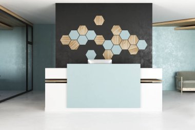 Resepsiyon masası ve dekor Mozaik Desen beton duvar ile modern ofis iç. Lobi ve giriş kavramı. 3D render 