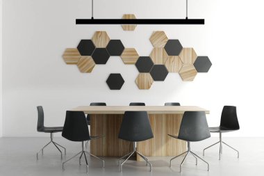 Gün ışığı, mobilya ve dekoratif desen ile modern konferans odası iç. 3D render 