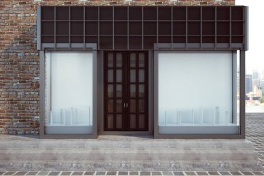 Modern cam Mağazası ile boş billboard. Perakende ve ticaret kavramı. Alay etmek yukarıya, 3d render 
