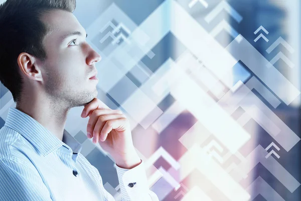 Thoughtful Young Businessman Blurry City Background Digital Upward Arrows Growth — Stock Photo, Image