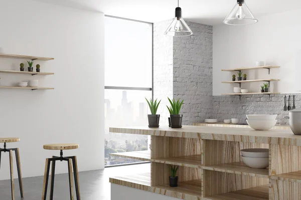 White bright loft kitchen interior with furniture, appliances and daylight. Design and style concept. 3D Rendering