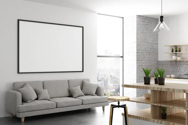 Lichte Loft Keuken Interieur Met Lege Billboard Muur Meubilair City — Stockfoto