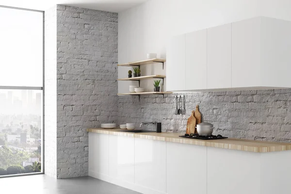 Side view of white brick kitchen interior. 3D Rendering