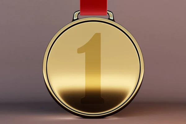 Shiny first place gold medal on brown background. Award and leadership concept. 3D Rendering