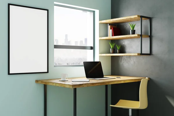 Modern Office Home Interior Workplace Empty Laptop Furniture Window City — Stock Photo, Image