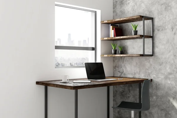 Moderner Büro Wohnbereich Mit Arbeitsplatz Leerem Laptop Möbeln Und Fenster — Stockfoto