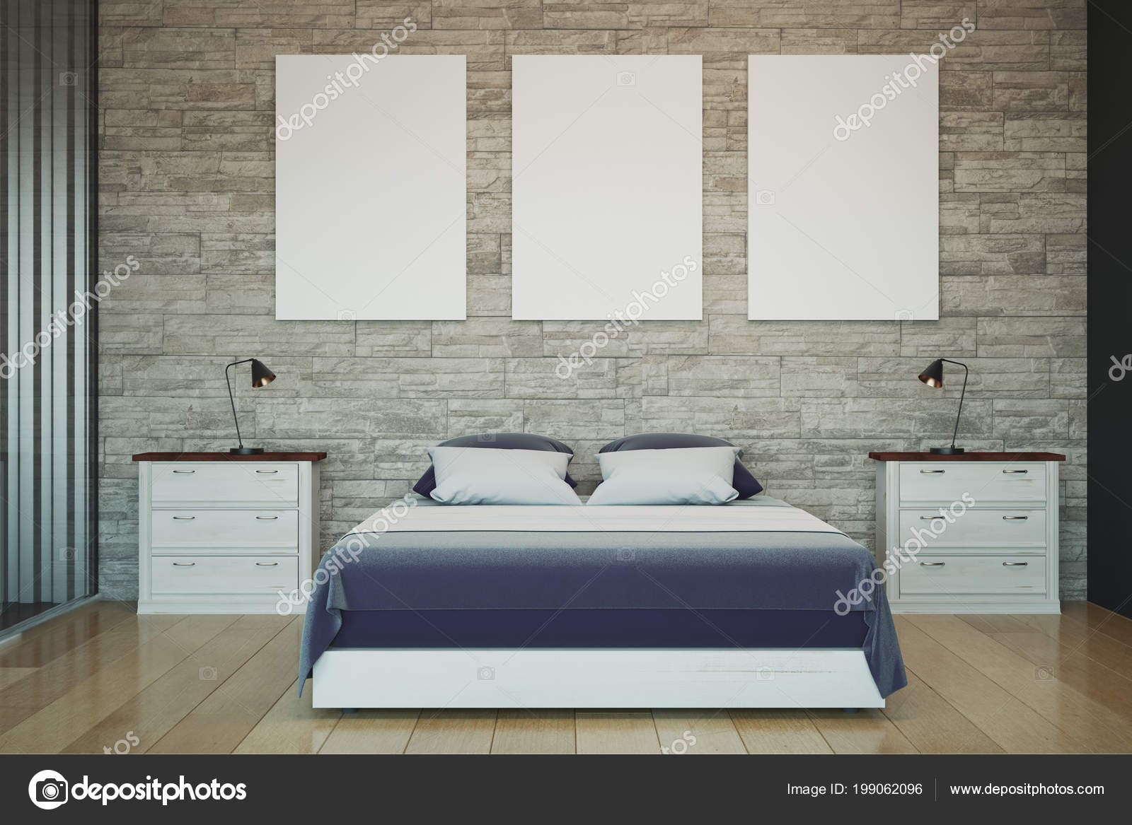 Modern Bedroom Interior Empty White Banner Wall Design