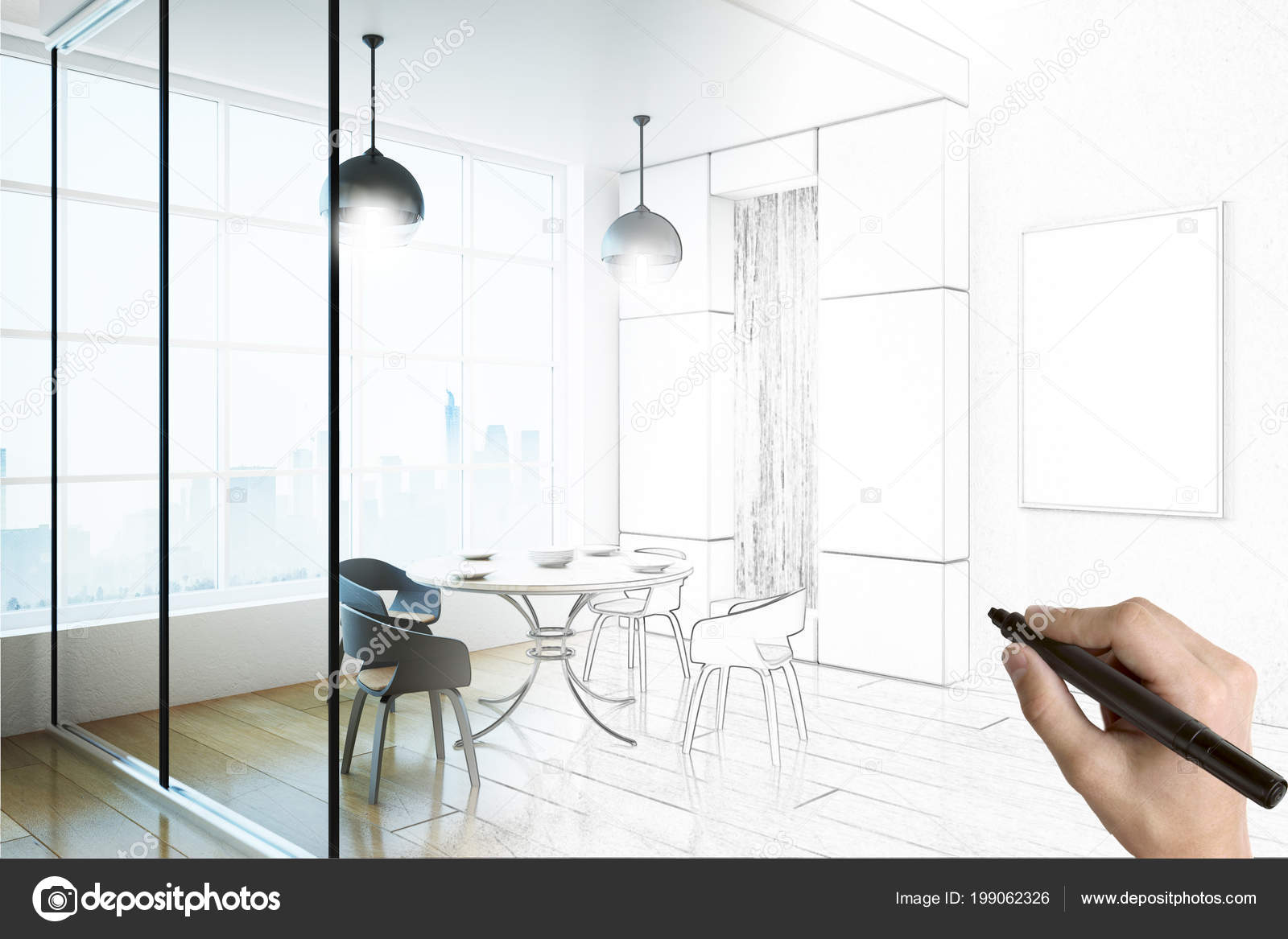 Hand Drawing Modern Dining Room Interior Sketch Empty Banner Blueprint Stock Photo C Peshkova