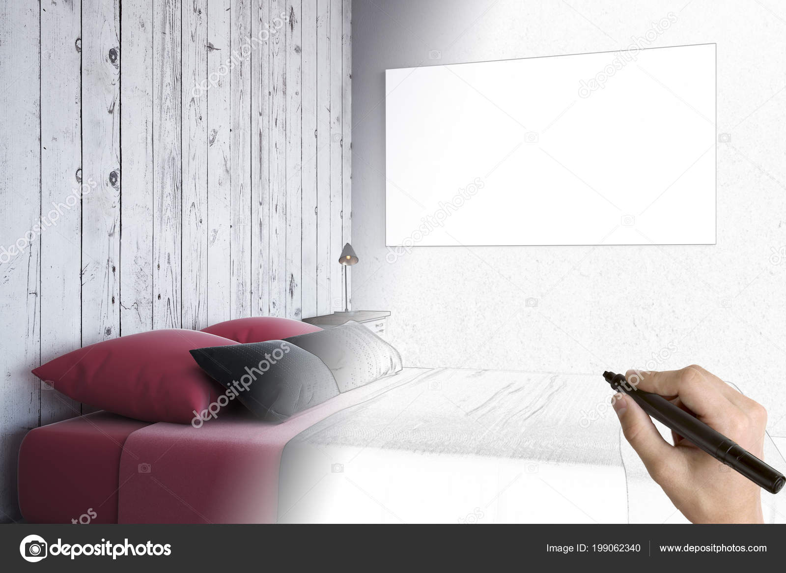 Hand Drawing Modern Bedroom Interior Sketch Empty Poster