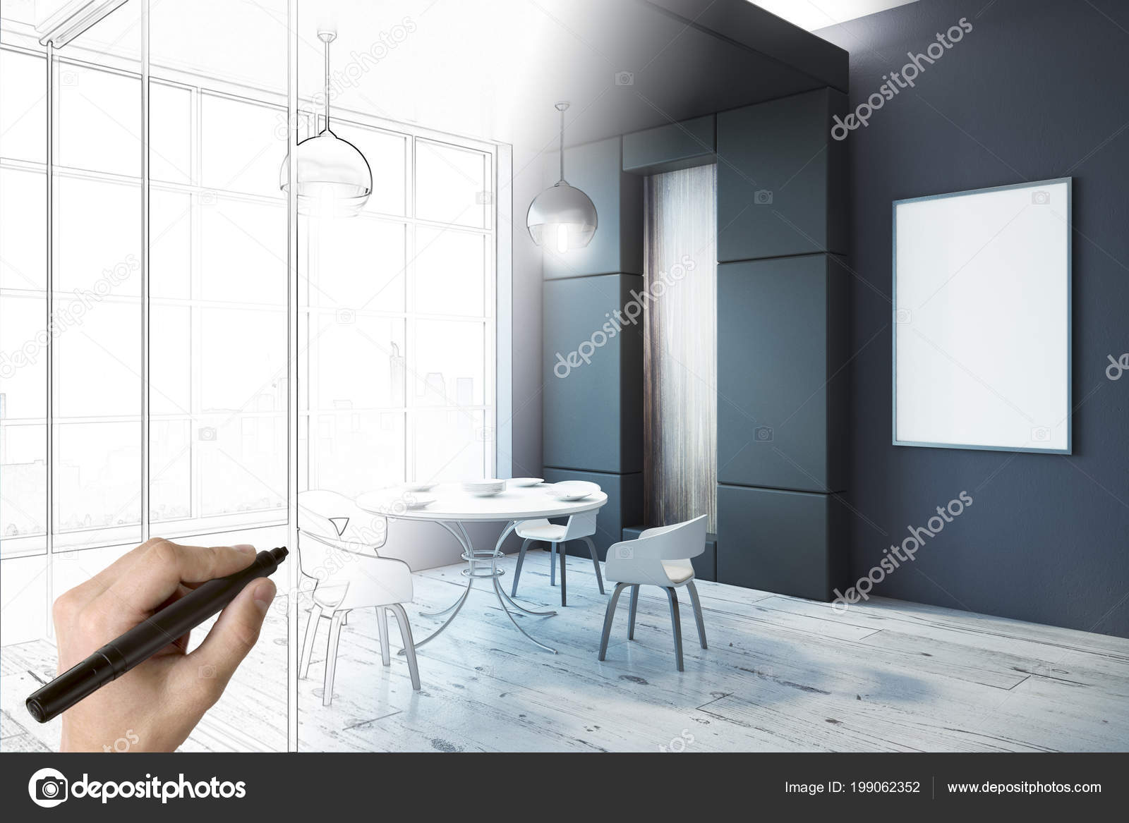 Hand Drawing Modern Dining Room Interior Sketch Empty Poster