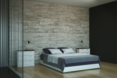 Temiz yatak odası iç kopya alanı Duvar ile. Yaşam tarzı ve yaşam kavramı. Alay etmek yukarıya, 3d render 