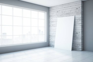 Reklam alanı ve panoramik kent manzaralı modern mobilyasız beyaz iç. Reklam kavramı. Alay etmek yukarıya, 3d render 