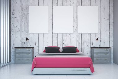 Modern beyaz yatak odası duvar iç boş afiş. Konsept Tasarım ve yaşam tarzı. Alay etmek yukarıya, 3d render 