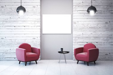 Modern iç iki koltuk, lambalar ve duvar boş afiş ile. Alay etmek yukarıya, 3d render 