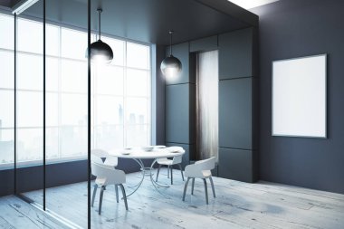 Modern yemek odası boş poster, cam duvar, şehir manzaralı ve gün ışığı ile. Alay etmek yukarıya, 3d render 