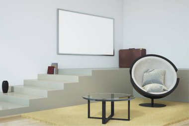 Modern oturma odası iç duvar ve mobilya üzerinde boş billboard ile. Alay etmek yukarıya, 3d render 