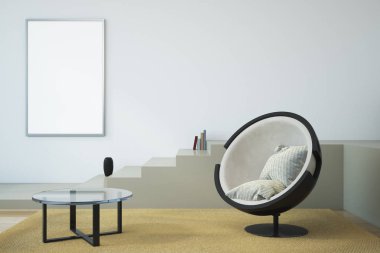 Modern oturma odası iç duvar ve mobilya boş afiş ile. Alay etmek yukarıya, 3d render 
