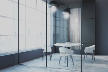 Modern yemek odası cam duvar, şehir manzaralı ve gün ışığı ile. 3D render 
