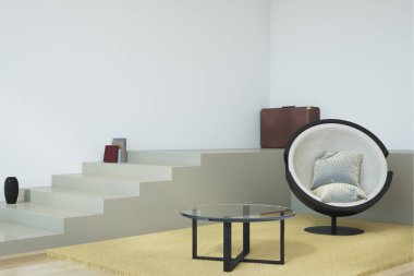 Şık salon iç kopya alanı duvar ve mobilya ile. Alay etmek yukarıya, 3d render 