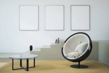 Modern oturma odası iç duvar ve mobilya boş poster ile. Alay etmek yukarıya, 3d render 