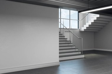 Hafif beton okul koridor iç kopya alanı duvar, merdiven ve gökyüzü görünümü ve gün ışığı ile pencere ile. Alay etmek yukarıya, 3d render 